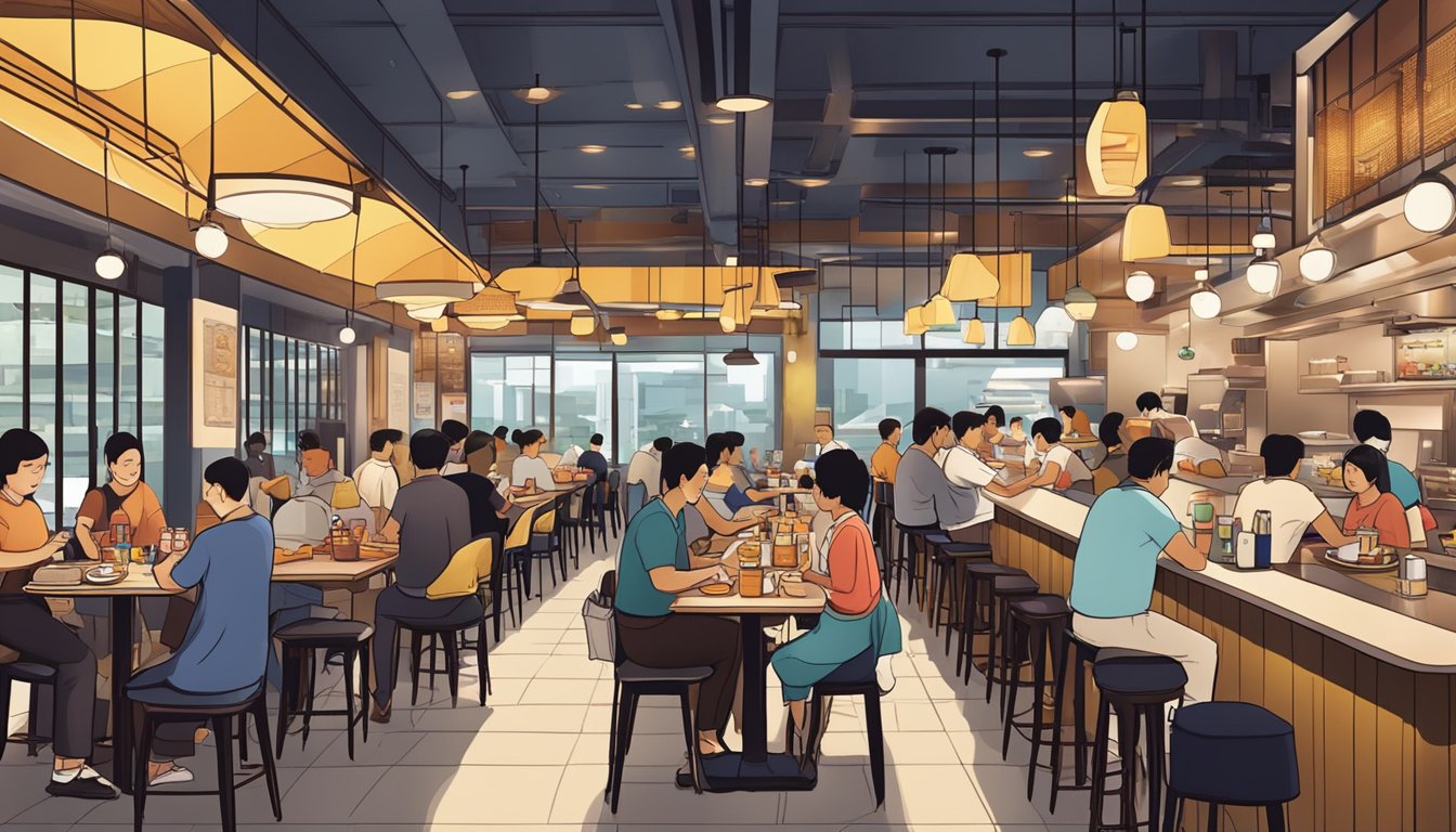 The bustling atmosphere of Paya Lebar Quarter restaurants, with diners enjoying their meals and waitstaff attending to their needs