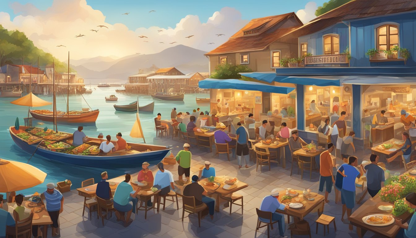 A bustling seafood restaurant, with colorful fishing boats docked nearby and a lively atmosphere of locals and tourists enjoying fresh seafood dishes