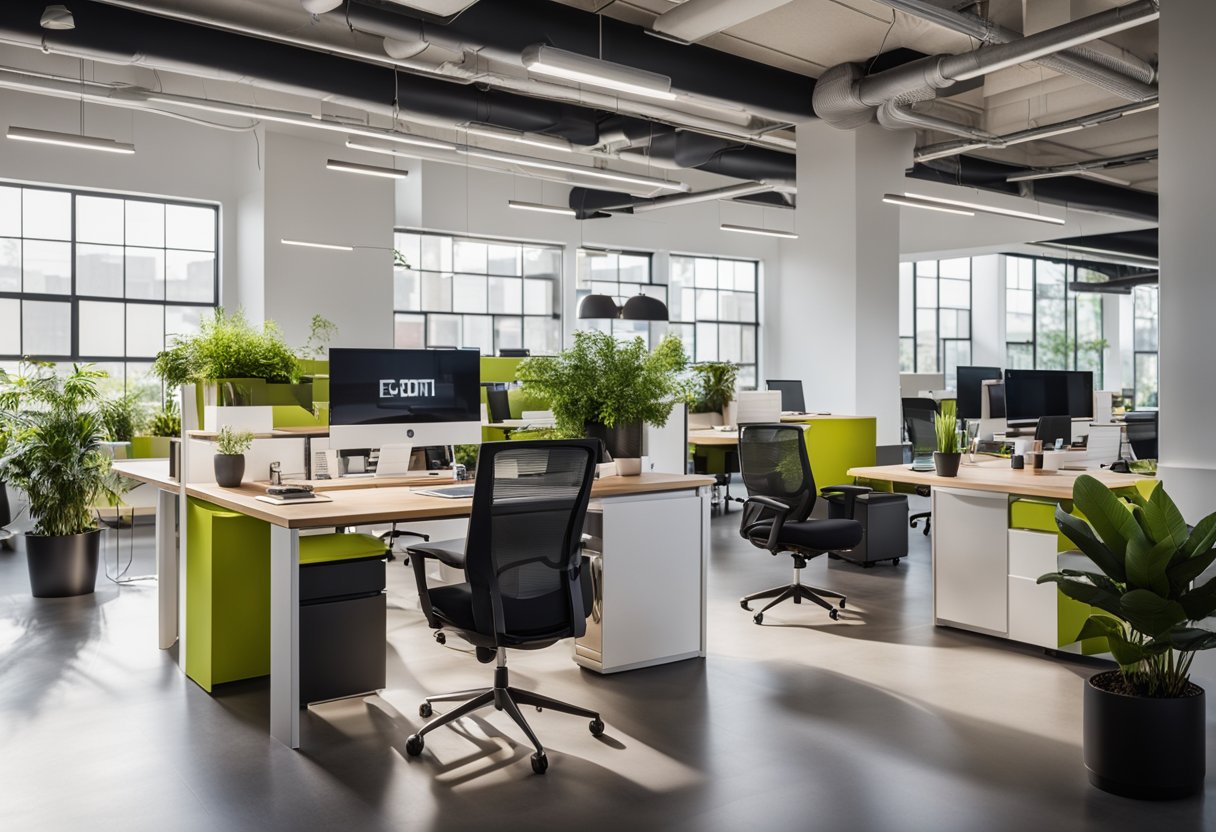 An open-concept office with natural light, modern furniture, and vibrant accent colors. A mix of standing and sitting workstations, greenery, and collaborative areas