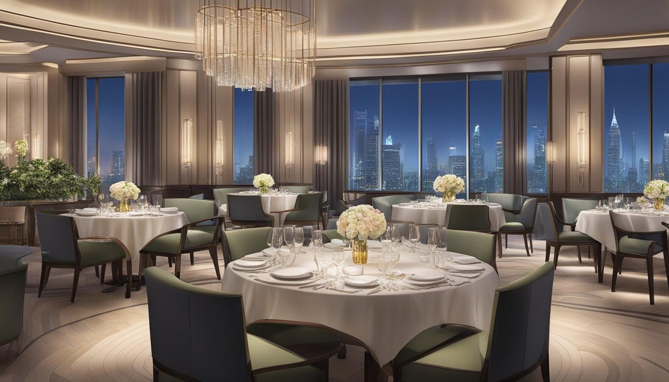 The elegant UOB Plaza restaurant exudes sophistication with its modern decor and ambient lighting. The tables are set with fine china and sparkling glassware, while the aroma of exquisite cuisine fills the air