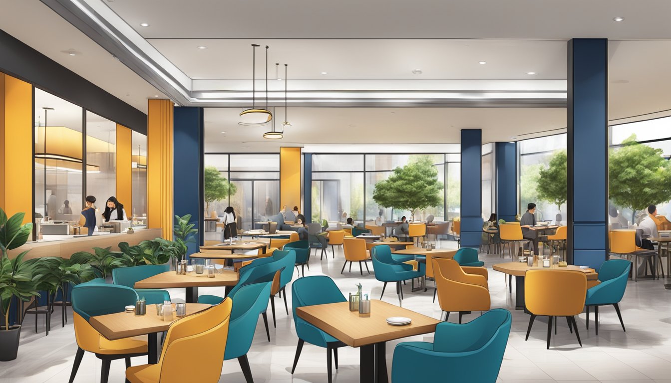 The bustling UOB Plaza restaurant features a modern design with sleek furniture and a vibrant atmosphere. The space is filled with patrons enjoying their meals and engaging in lively conversations