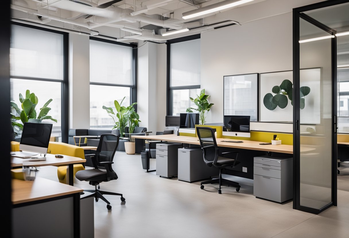 A small office with modern furniture, natural light, and vibrant accent colors. Open layout with designated work areas and collaborative spaces