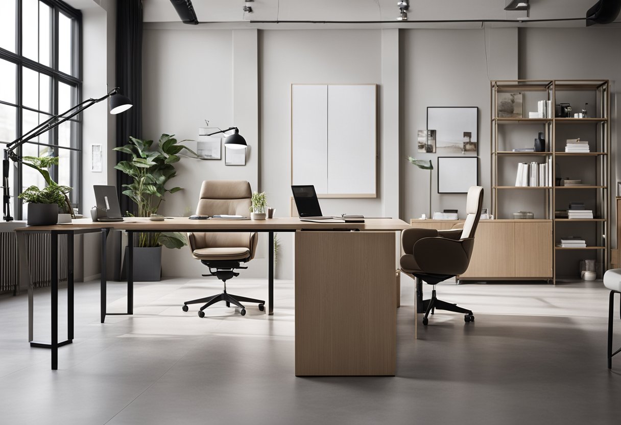 A modern small office with minimalist furniture, natural lighting, and a neutral color palette. Clean lines and open space create a sense of calm and focus