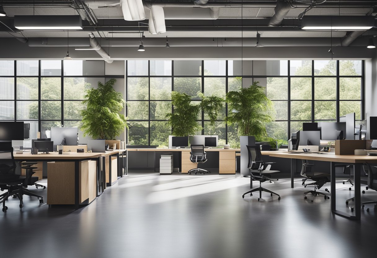 A spacious, open office layout with separate workstations for privacy, yet designed to encourage collaboration. Modern furniture, ample natural light, and greenery create a welcoming atmosphere