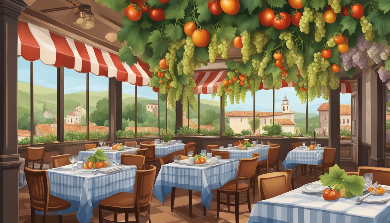 A bustling Italian restaurant with checkered tablecloths, hanging grapevines, and the aroma of garlic and tomatoes filling the air