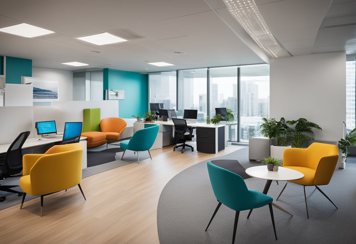 A bright, open office space with modern furniture and vibrant accent colors. A sleek reception area welcomes visitors, while collaborative workstations and private meeting rooms offer versatility for various work tasks