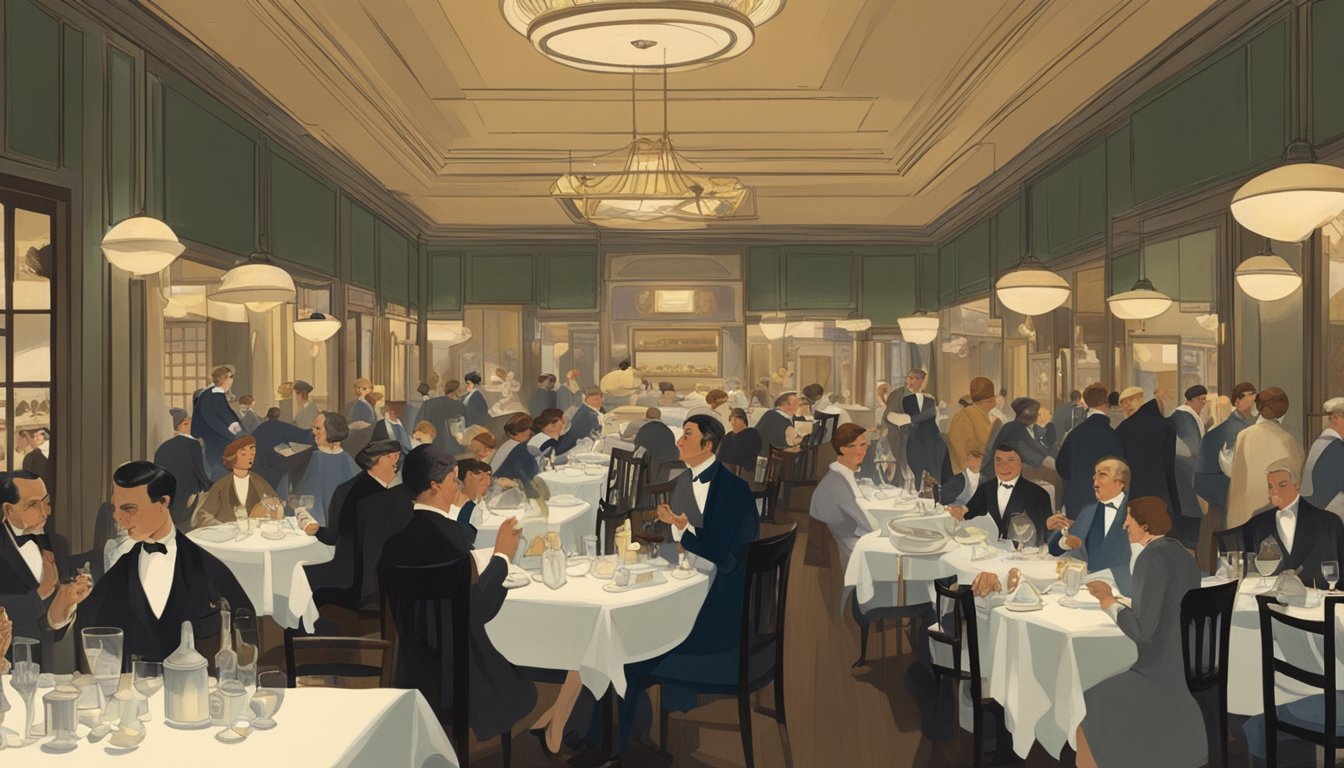 A bustling 1925 restaurant with elegant decor, dim lighting, and patrons enjoying their meals at linen-covered tables