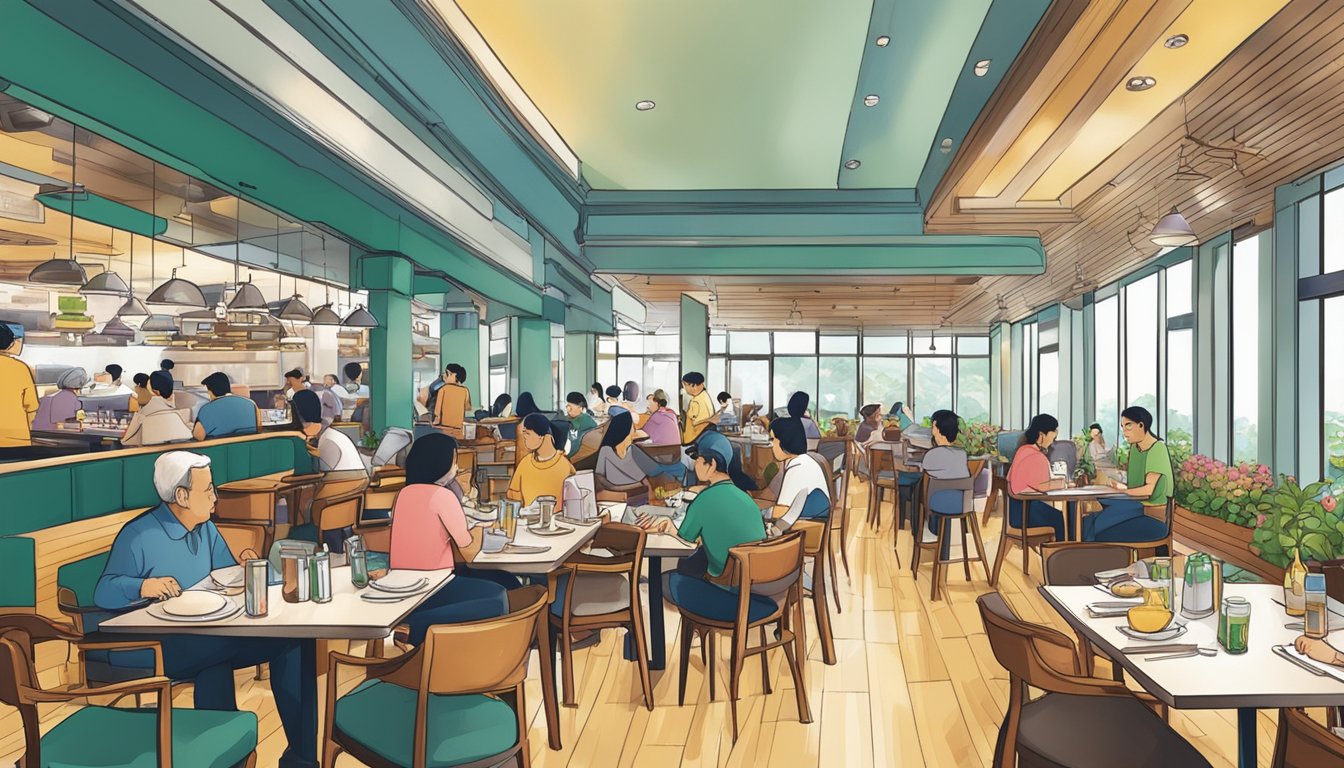 A bustling restaurant at Safra Tampines, filled with tables and chairs, a vibrant atmosphere with patrons enjoying their meals and conversing