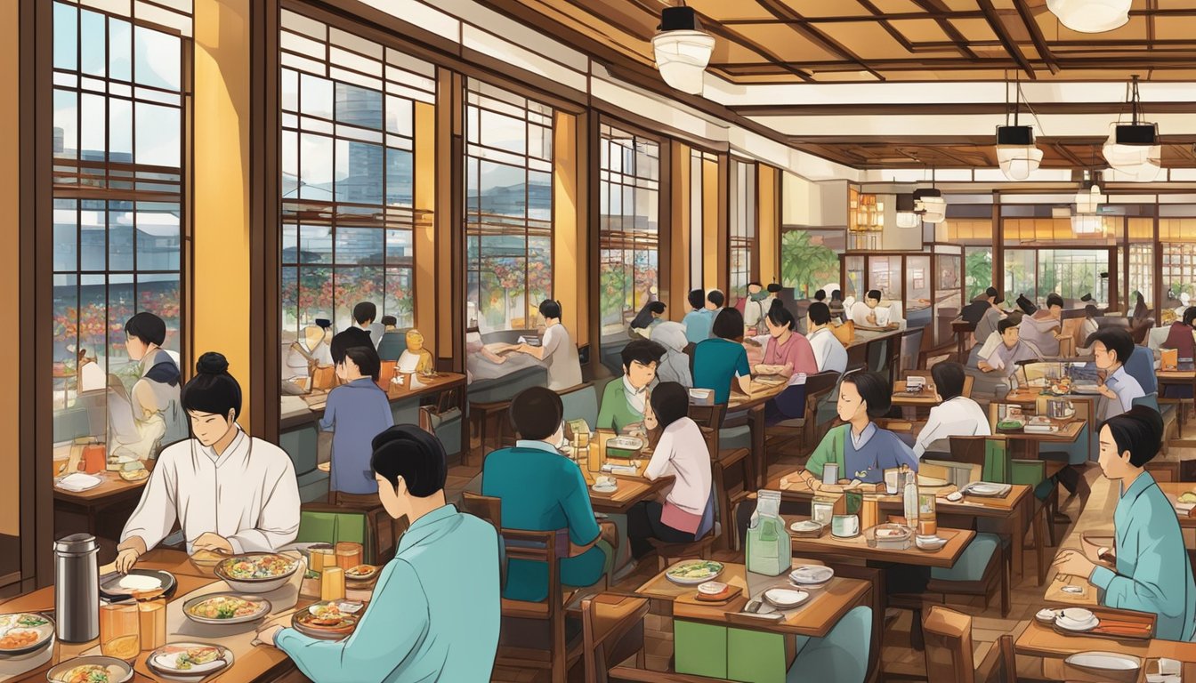 The bustling atmosphere of a Japanese restaurant at Ngee Ann City, with vibrant decor and a busy sushi bar