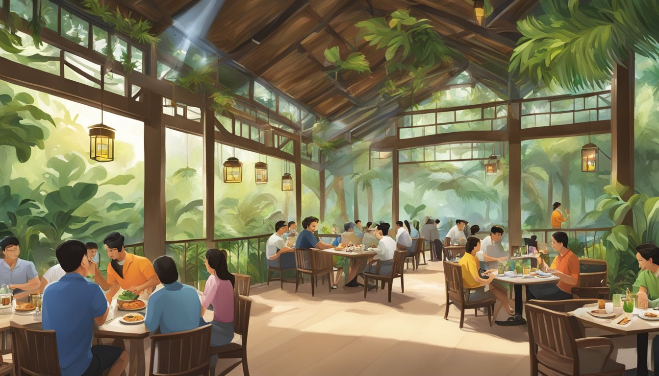 A bustling restaurant in the Singapore Zoo, surrounded by lush greenery and exotic animal sounds