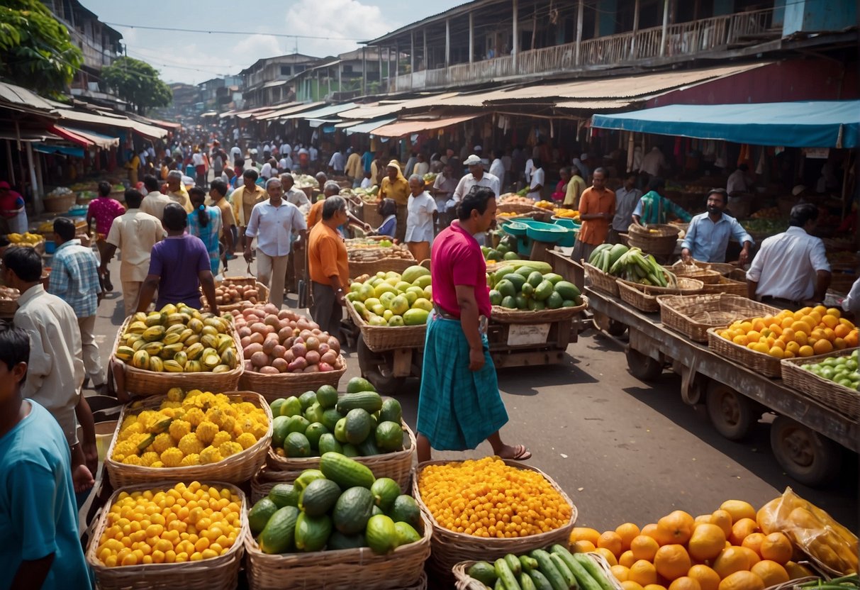 Busy market stalls line the bustling streets of Port Louis, showcasing vibrant produce and local crafts. The colorful waterfront bustles with activity as boats come and go, while the iconic Aapravasi Ghat stands as a historic landmark