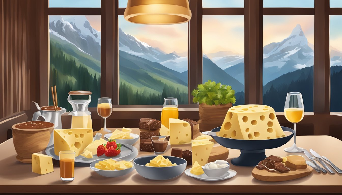A table set with Swiss cheese, chocolate, and fondue, surrounded by Alpine decor in a cozy Singapore restaurant