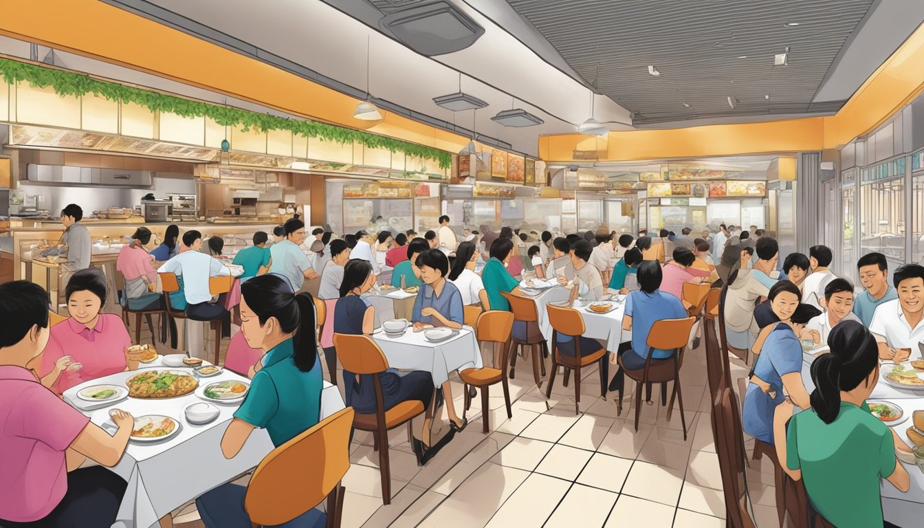 A bustling restaurant scene at Keng Eng Kee SAFRA Tampines, with tables filled with diners and waitstaff moving between them. The atmosphere is lively and the aroma of delicious food fills the air