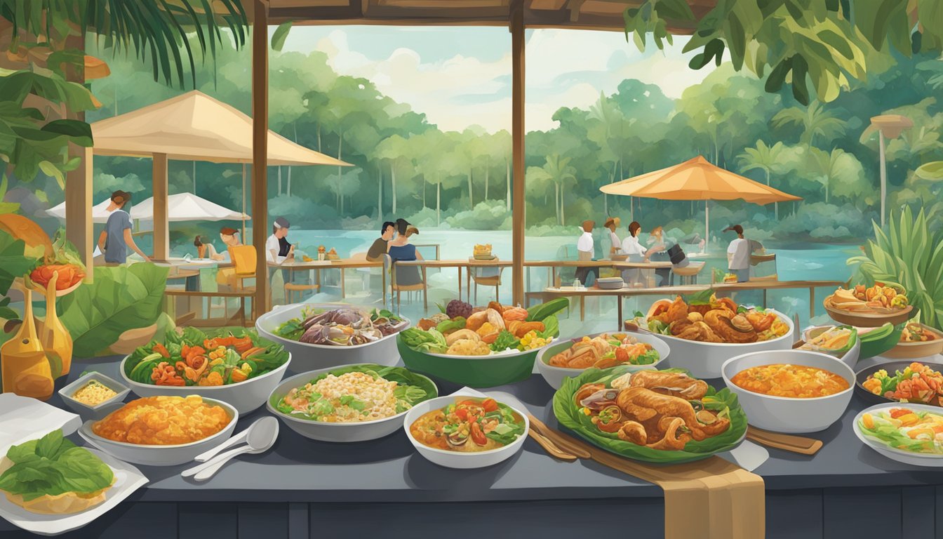 A colorful array of local and international cuisine is displayed at the Singapore Zoo restaurant, surrounded by lush greenery and playful animal habitats