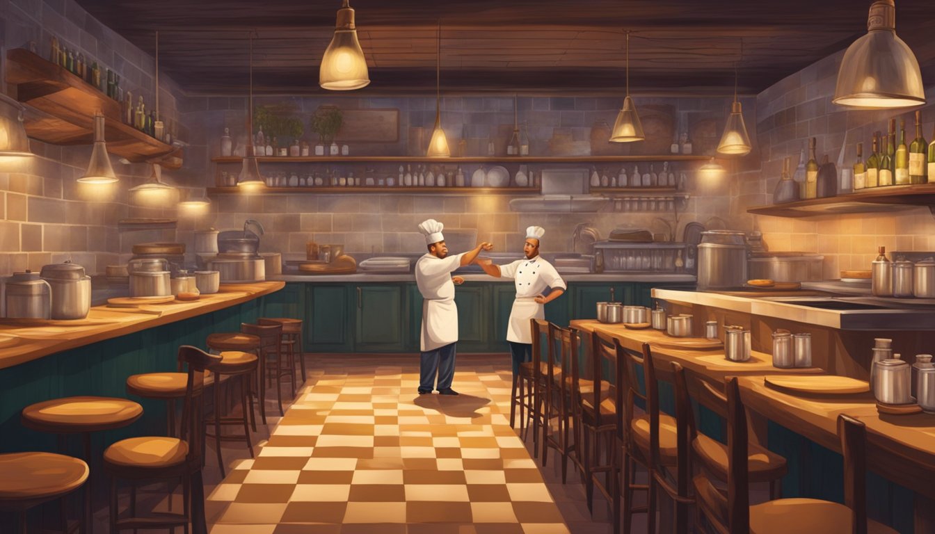 A cozy Italian restaurant with checkered tablecloths, dim lighting, and a wall adorned with vintage wine bottles. A chef can be seen through the open kitchen, tossing pizza dough in the air
