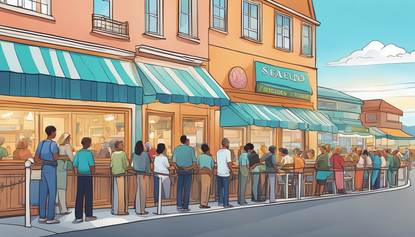 Customers line up outside a vibrant seafood restaurant, eagerly awaiting their turn to enter and enjoy the delicious dishes