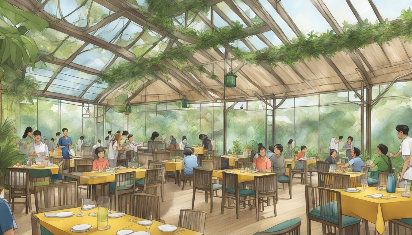 The Singapore Zoo restaurant showcases sustainability and conservation with eco-friendly materials and displays of local wildlife and plant species