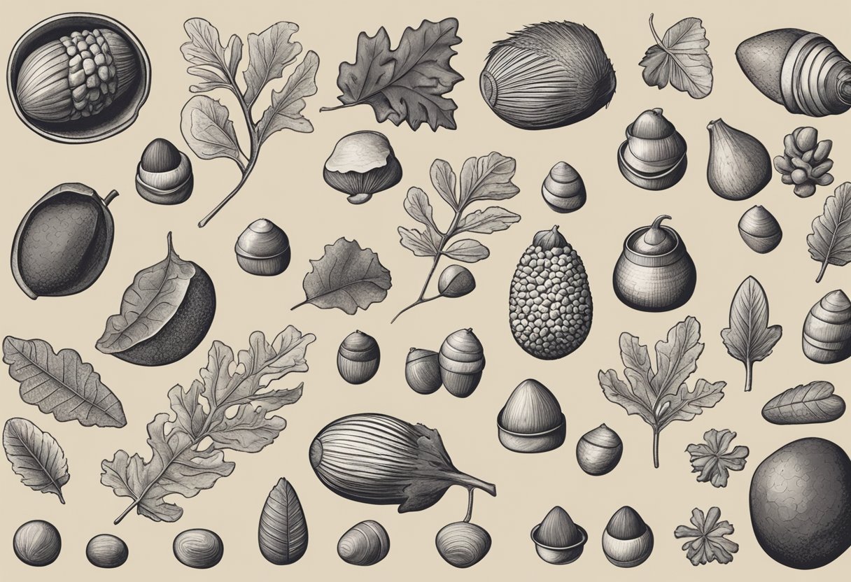 A collection of nature-inspired objects, like acorns, leaves, and stones, arranged in a rustic setting