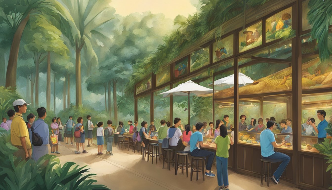 Visitors line up at the Singapore Zoo restaurant, reading the frequently asked questions board for information. The lush greenery of the surrounding jungle creates a vibrant backdrop