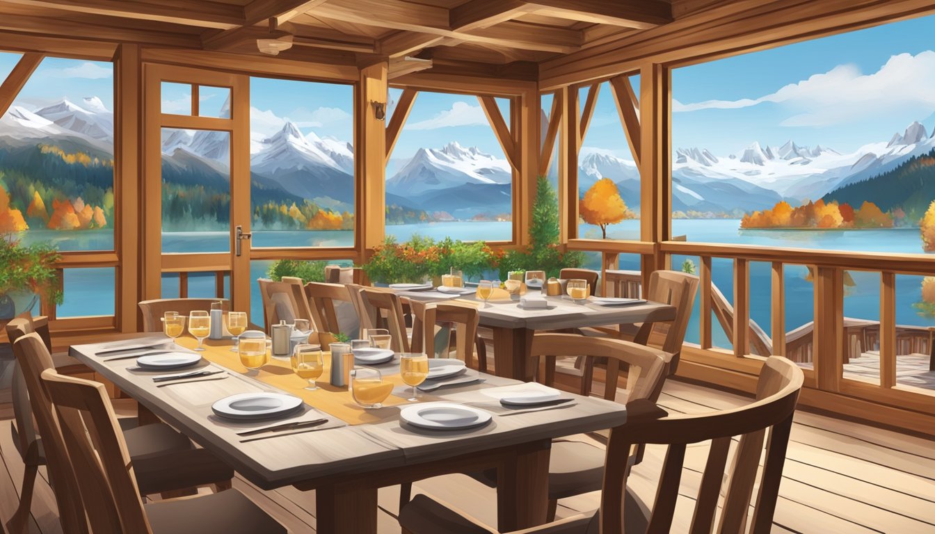 A cozy Swiss restaurant with wooden chalet-style decor, featuring a warm fireplace and traditional alpine cuisine. Snow-capped mountains and a serene lake create a picturesque backdrop