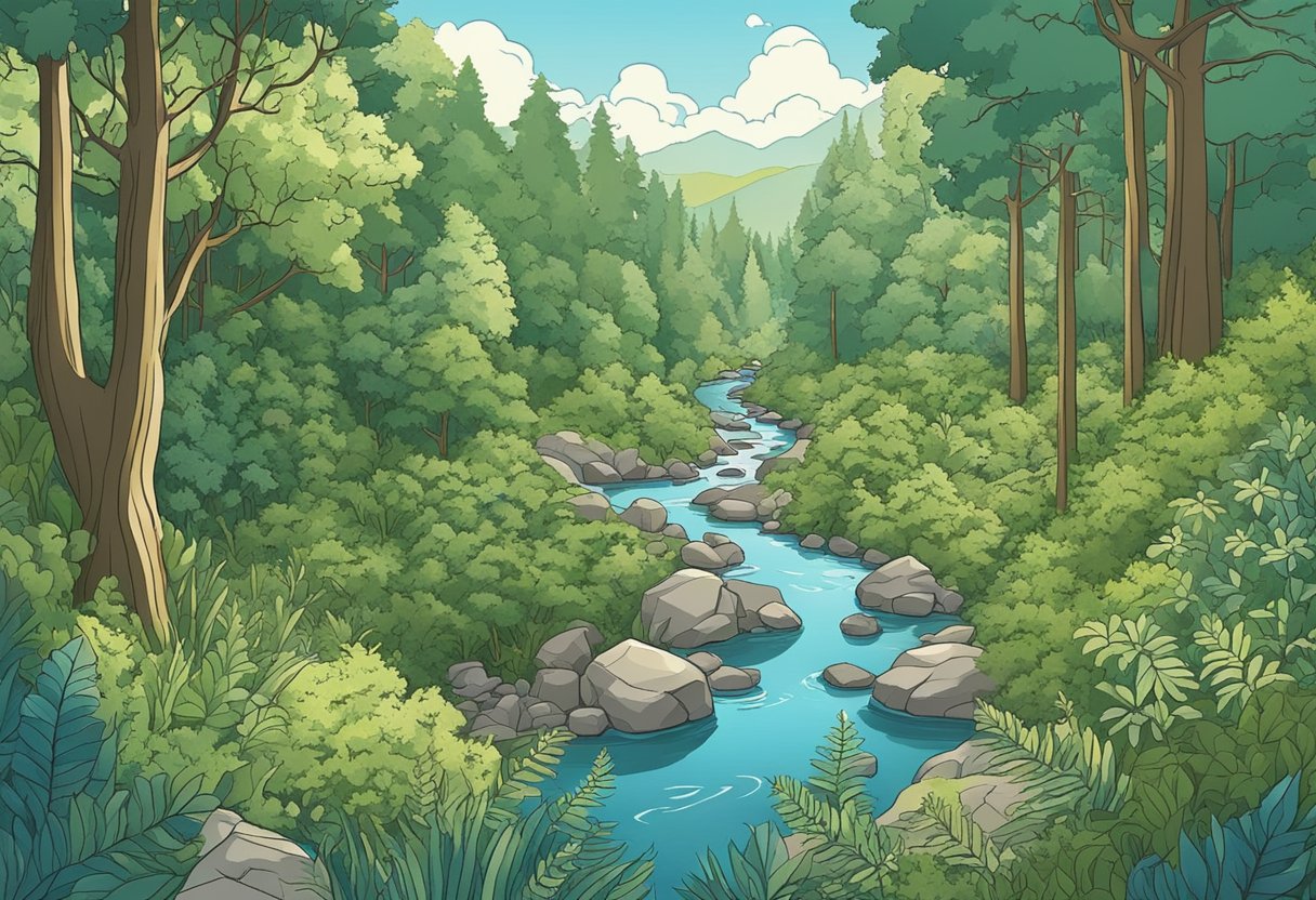 A lush forest with a variety of earthy plants and trees, surrounded by a gentle stream and a clear blue sky above