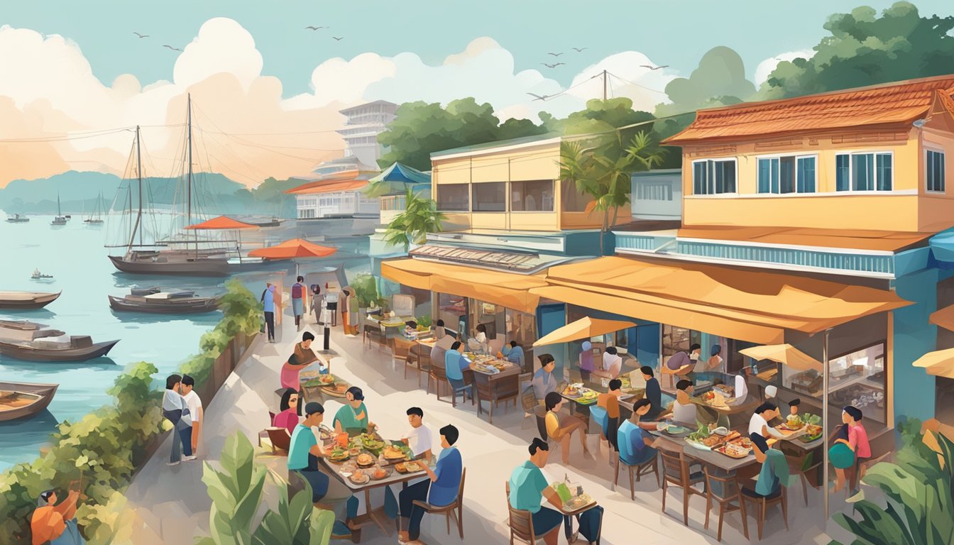 Diners savoring diverse cuisine at Batam's bustling street food stalls and elegant waterfront restaurants