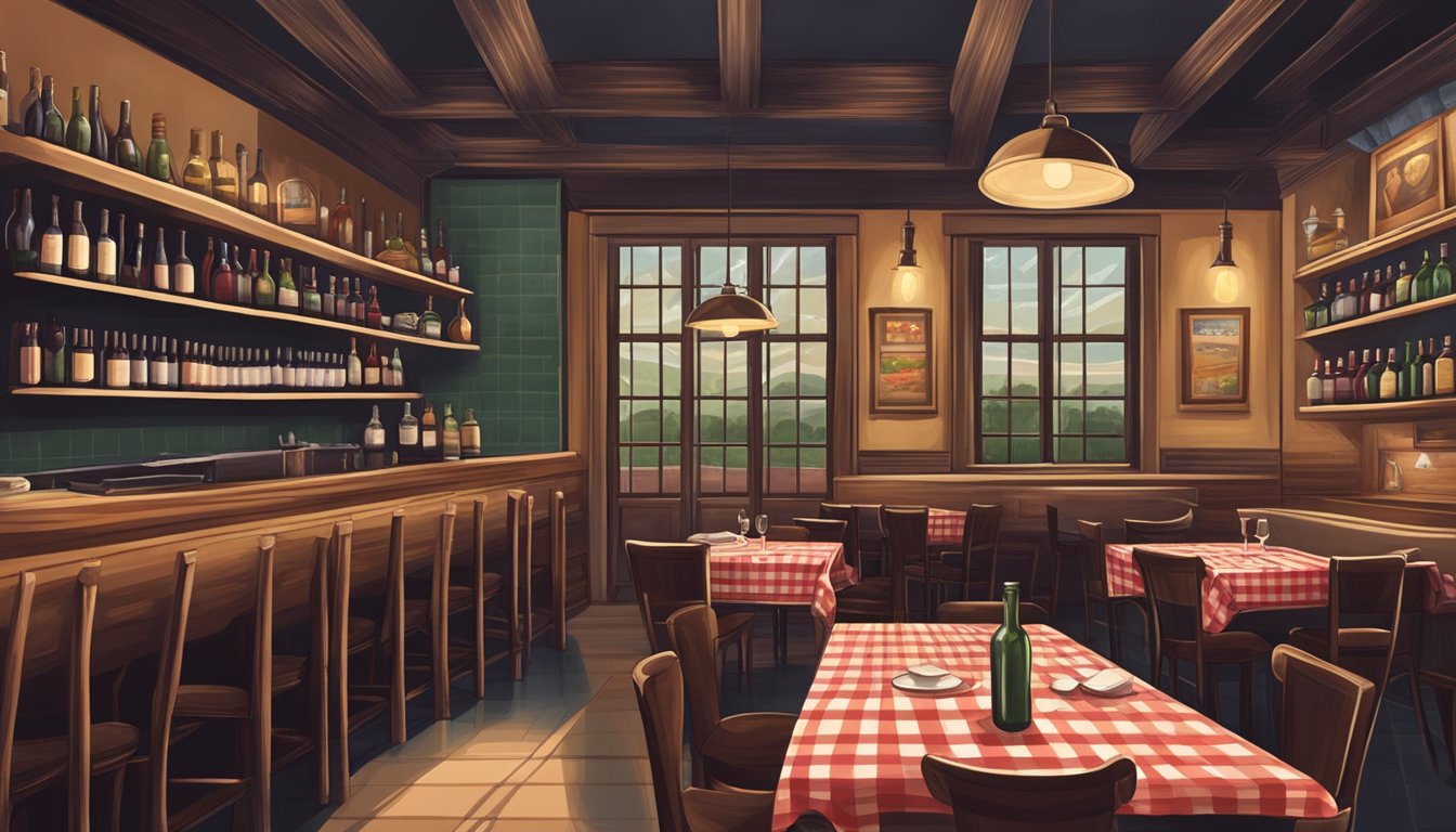 A cozy Italian restaurant with checkered tablecloths, dim lighting, and shelves lined with wine bottles. A chalkboard menu displays classic dishes
