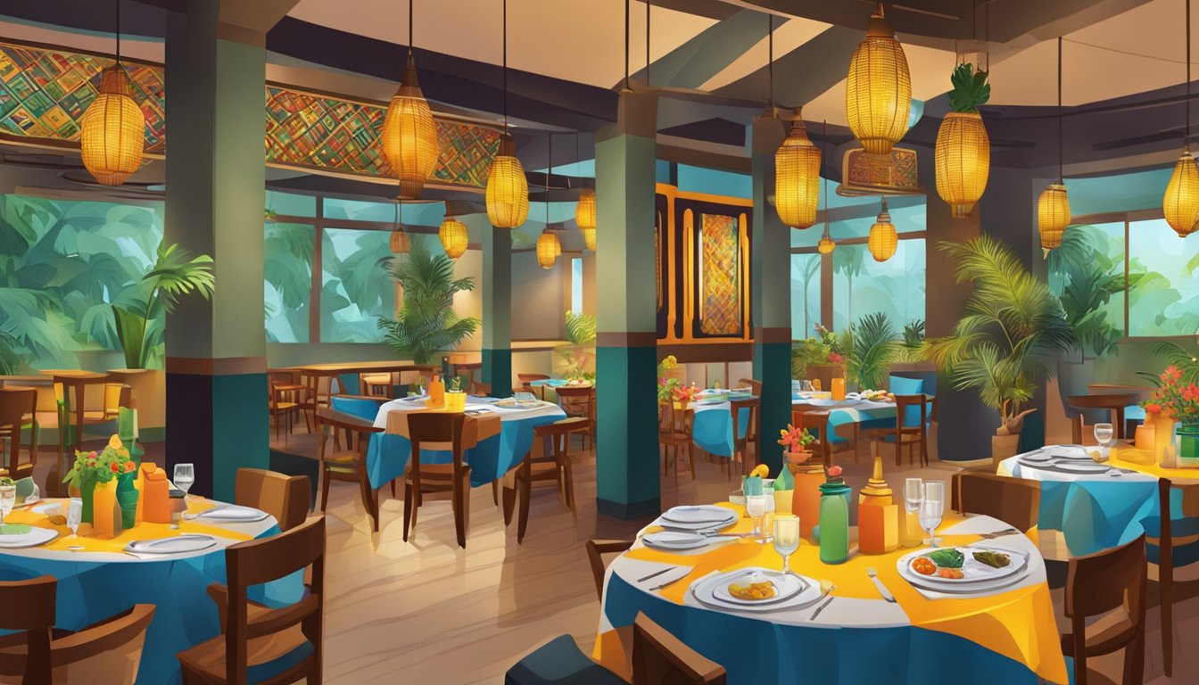 Vibrant African restaurant in Singapore with colorful decor, traditional artifacts, and aromatic dishes on tables