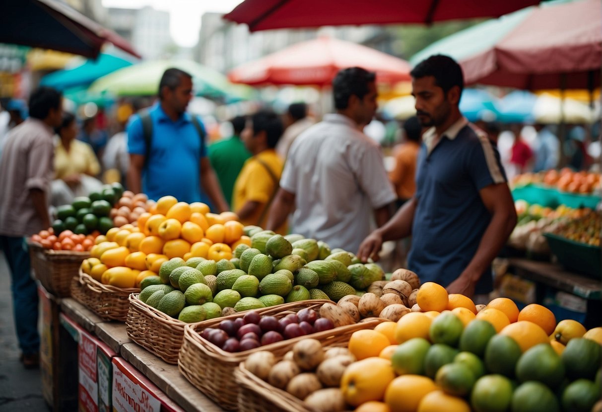 A bustling market in Port Louis, with colorful stalls selling exotic fruits, spices, and handmade crafts. The air is filled with the aroma of street food, and traditional music adds to the vibrant atmosphere