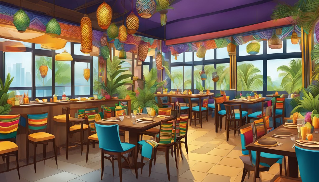 Vibrant African restaurant in Singapore, filled with colorful decor, traditional music, and the aroma of exotic spices and dishes