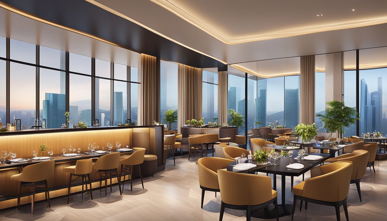 The elegant Andaz Singapore restaurant features modern decor and panoramic city views