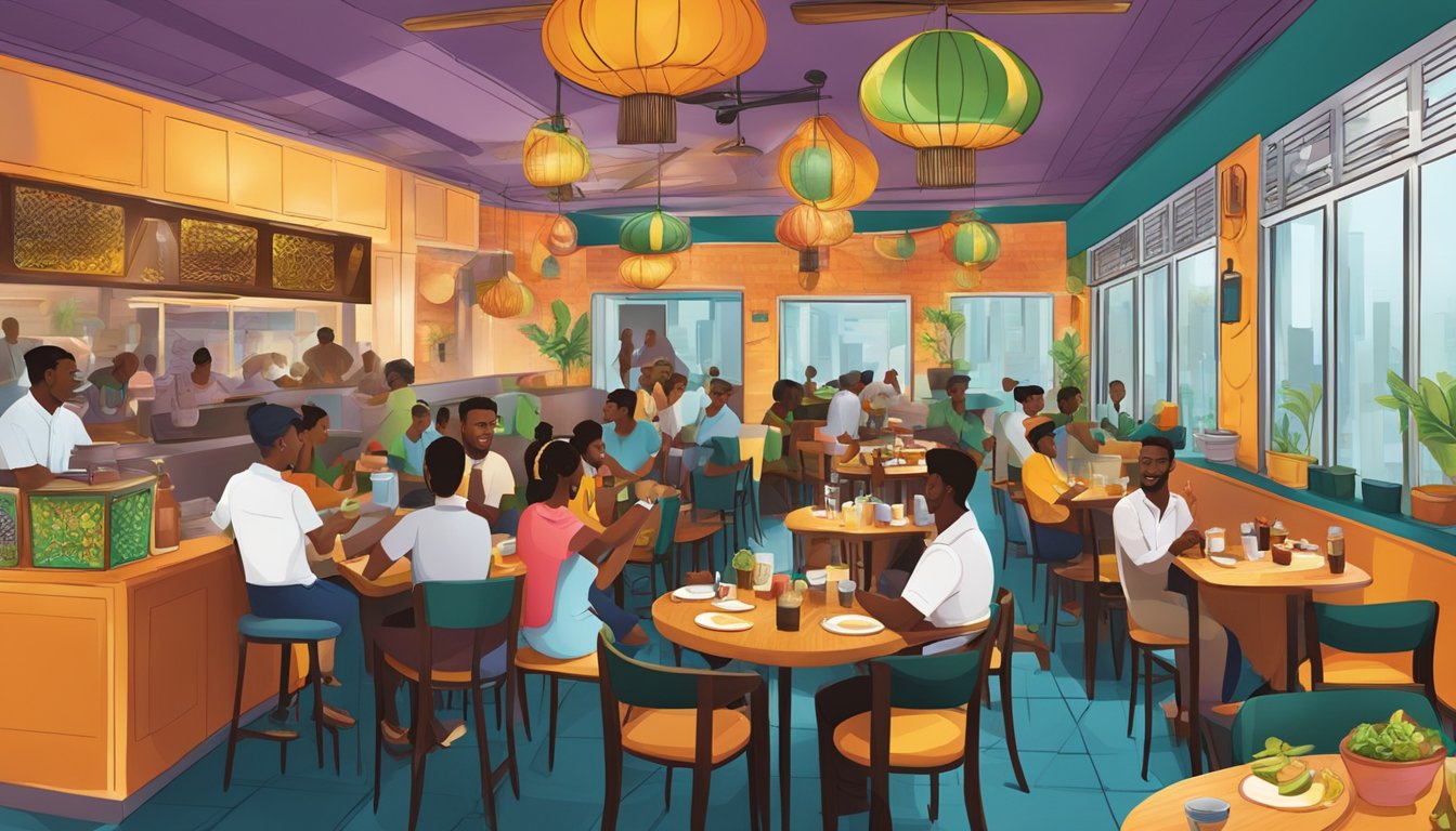 A bustling African restaurant in Singapore, filled with colorful decor, lively music, and the aroma of exotic spices and grilled meats