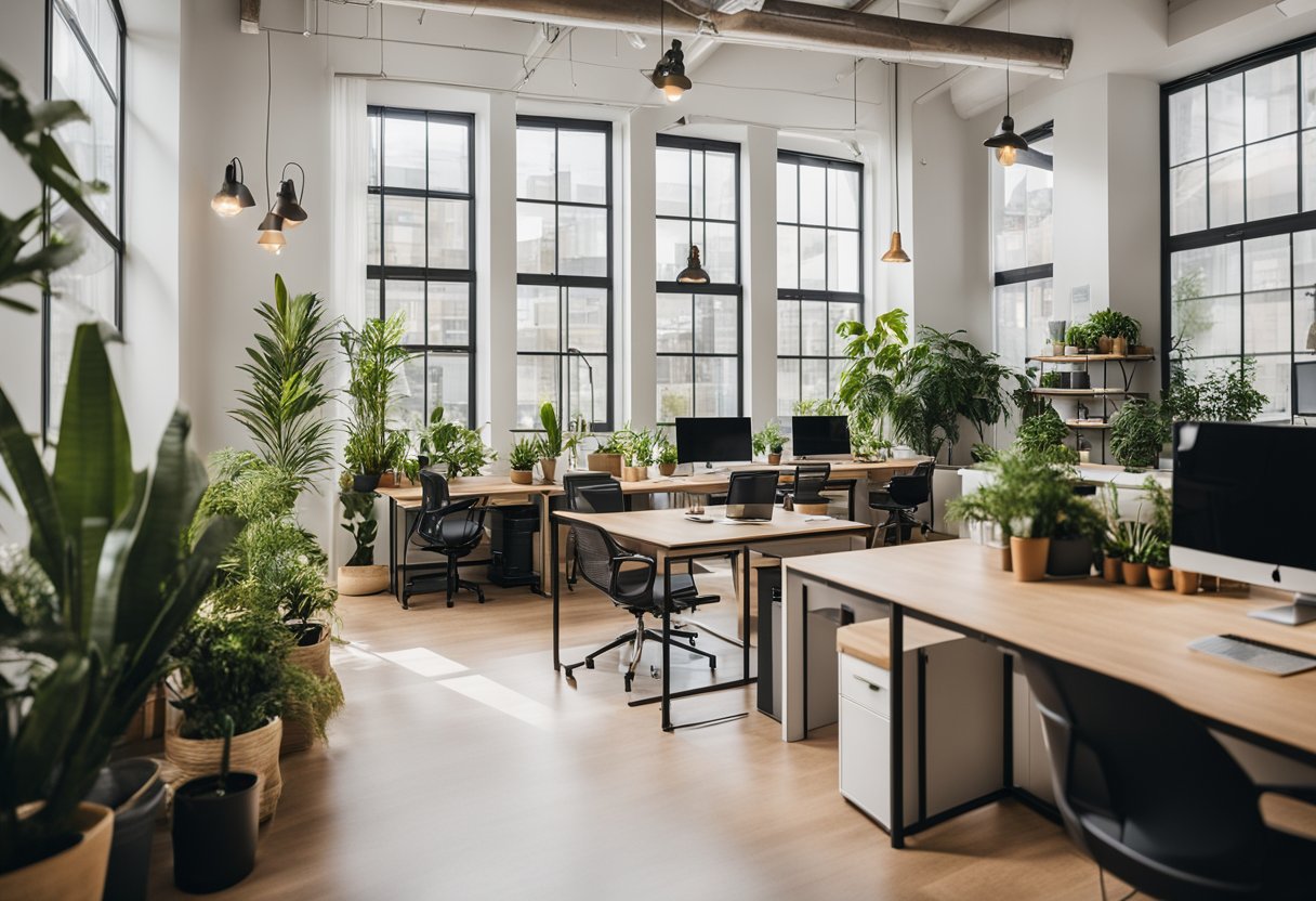 A cozy startup office with modern furniture, plants, and natural light streaming through large windows. The space is organized and clutter-free, with a mix of vibrant and neutral colors creating a welcoming atmosphere