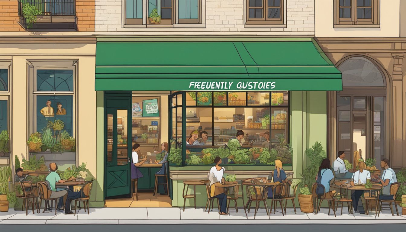 A bustling restaurant with a prominent sign reading "Frequently Asked Questions" and a vibrant display of artichokes in the window. Customers are seen enjoying their meals inside