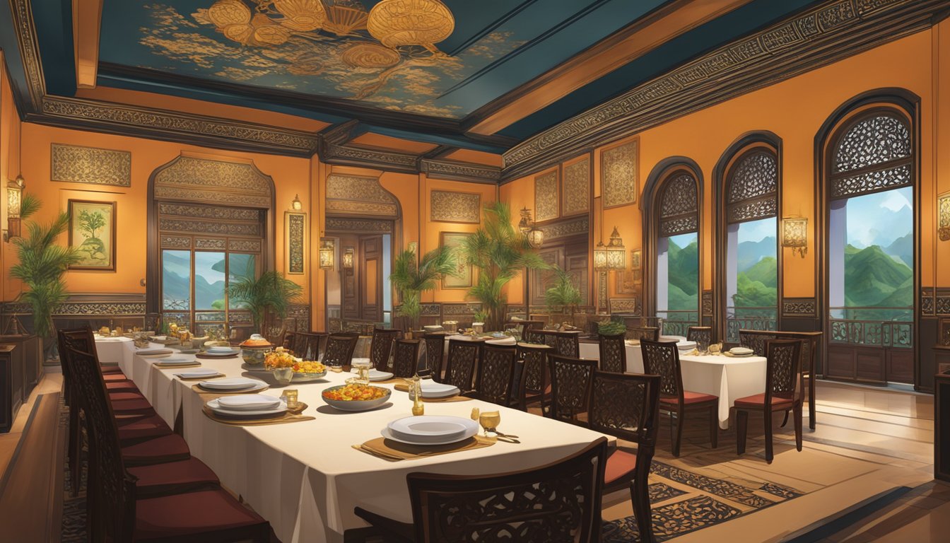 A lavish dining room with ornate decor and dim lighting, showcasing a fusion of Asian culinary delights at Empress Asian Civilisation Museum restaurant