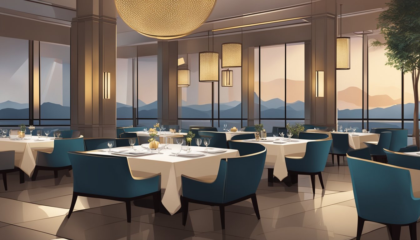 A modern restaurant with sleek decor, dim lighting, and elegant table settings. The menu features a variety of gourmet dishes and the ambiance is sophisticated yet inviting
