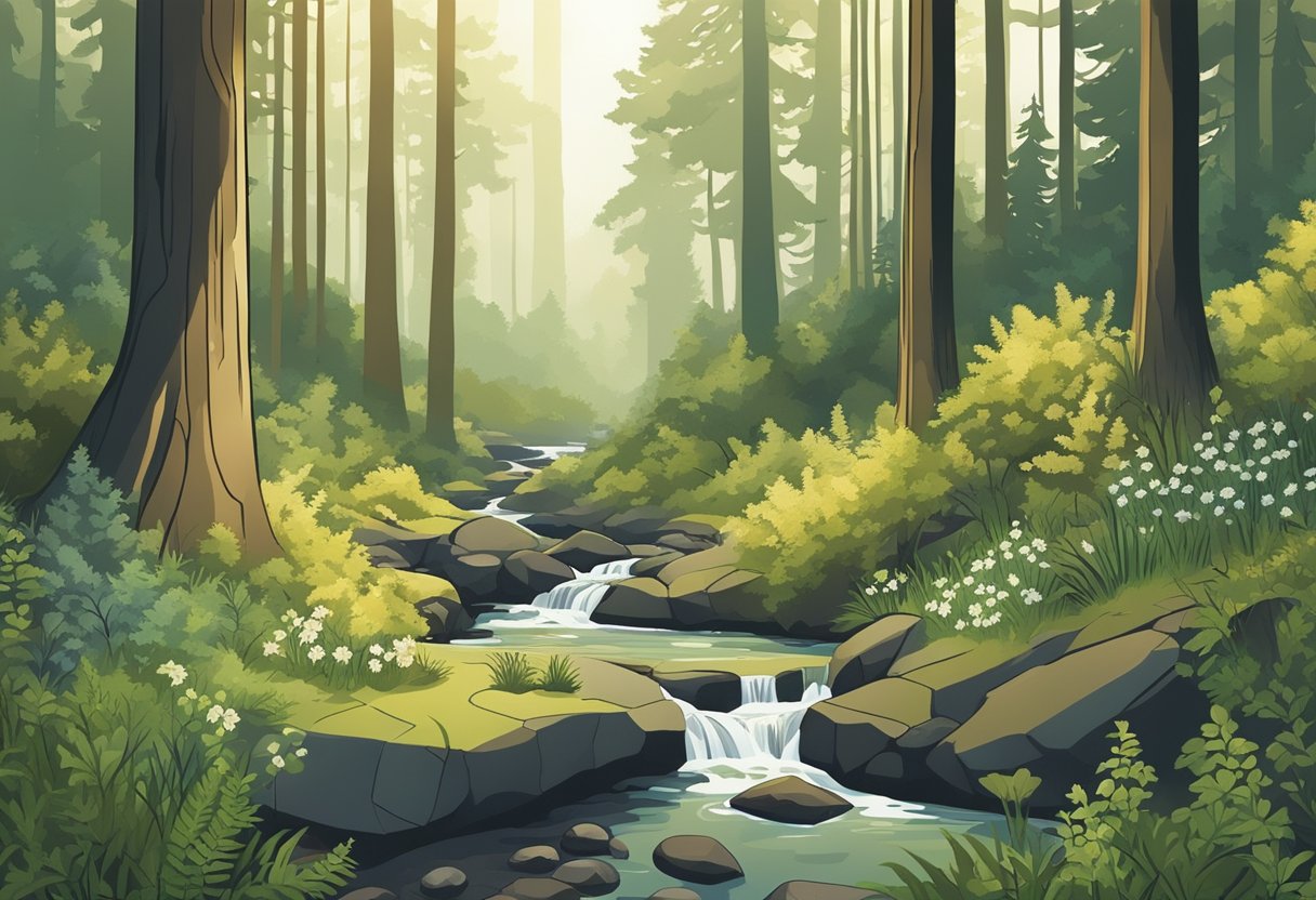 A forest clearing with a gentle stream, surrounded by tall trees and wildflowers. The earthy colors of moss, ferns, and bark create a natural and serene atmosphere