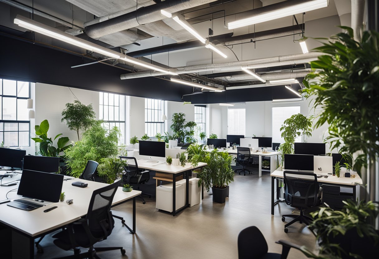 The small startup office is filled with natural light, modern furniture, and vibrant green plants. Open workspaces and collaborative areas promote creativity and productivity