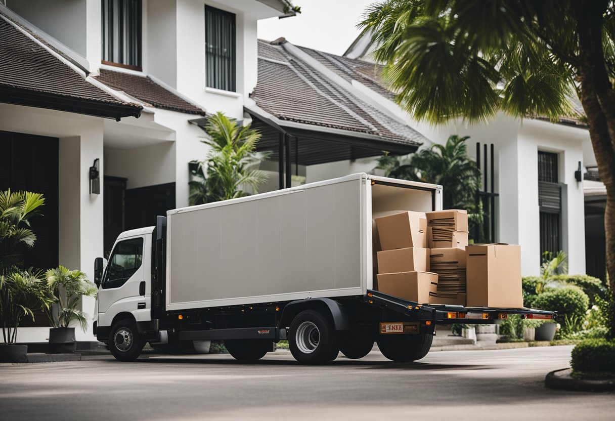 A delivery truck unloading furniture outside a Singaporean home