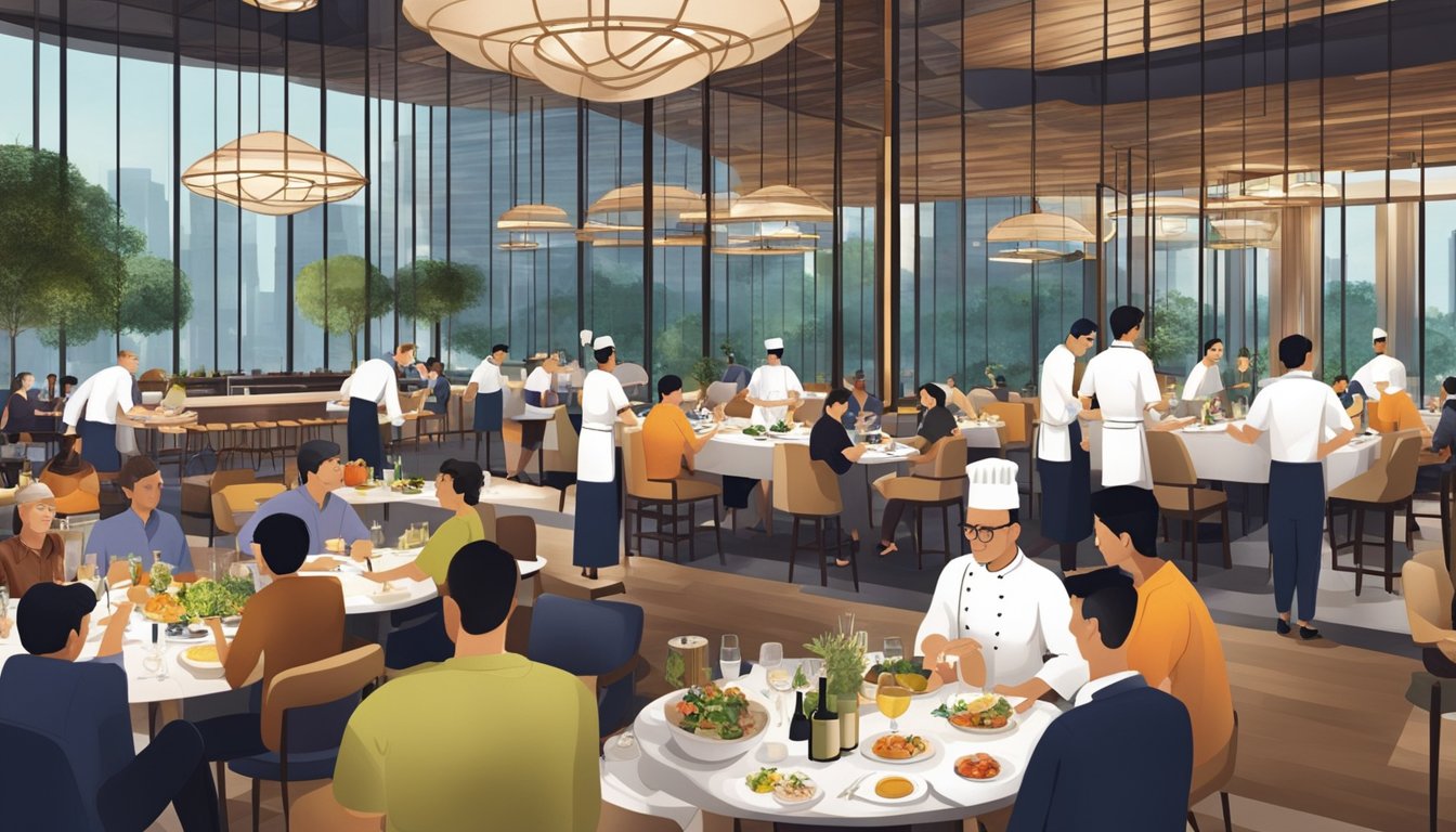 The bustling Andaz Singapore restaurant, filled with diners enjoying their meals and the vibrant atmosphere. Tables are adorned with elegant place settings and the open kitchen is alive with chefs creating culinary masterpieces