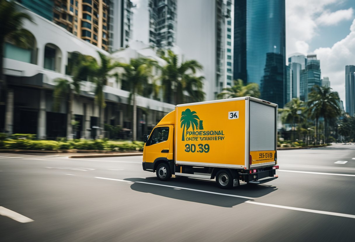 A delivery truck speeds through Singapore's bustling streets, carrying furniture for same-day delivery. Skyscrapers and palm trees line the urban landscape