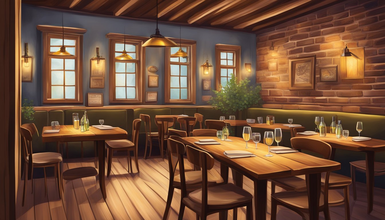 A cozy Italian restaurant with warm lighting, rustic wooden tables, and a wall adorned with vintage wine bottles