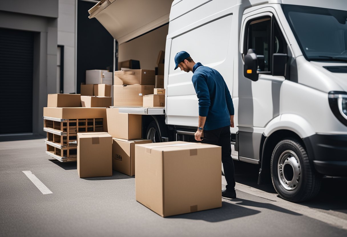 A delivery truck unloading stylish furniture at a customer's doorstep. The customer eagerly inspecting the quality and design of the pieces