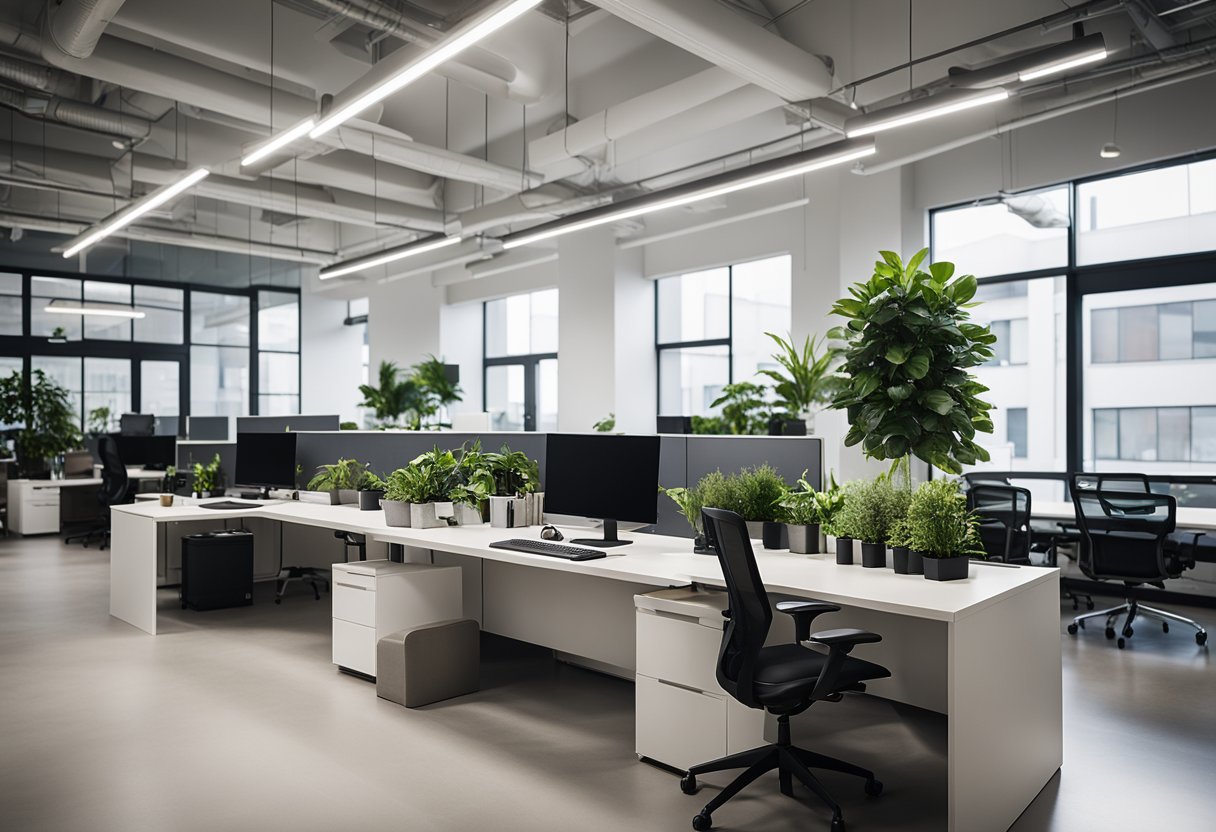 A modern, minimalist startup office with open floor plan, ergonomic furniture, and natural lighting. Tech equipment and plants add a touch of creativity