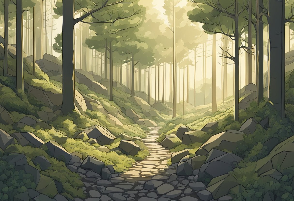 A serene forest clearing with sunlight filtering through the trees, surrounded by earthy tones and natural elements like rocks and moss