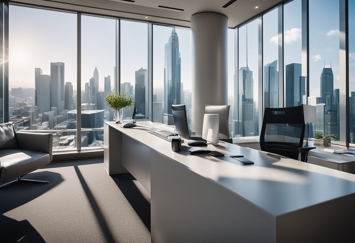 The real estate office features modern furniture, a sleek reception desk, and large windows with a view of the city skyline