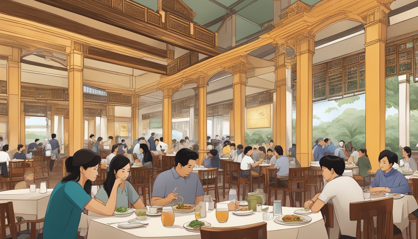 A bustling restaurant at the Asian Civilisation Museum, with patrons enjoying a variety of Asian cuisine. The space is filled with the aroma of sizzling dishes and the chatter of diners