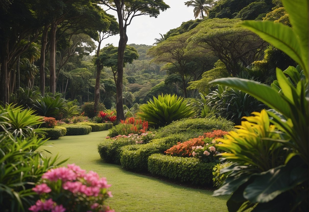 Lush green gardens with vibrant flowers and exotic plants, surrounded by towering trees and a serene natural landscape in Port Louis, Mauritius