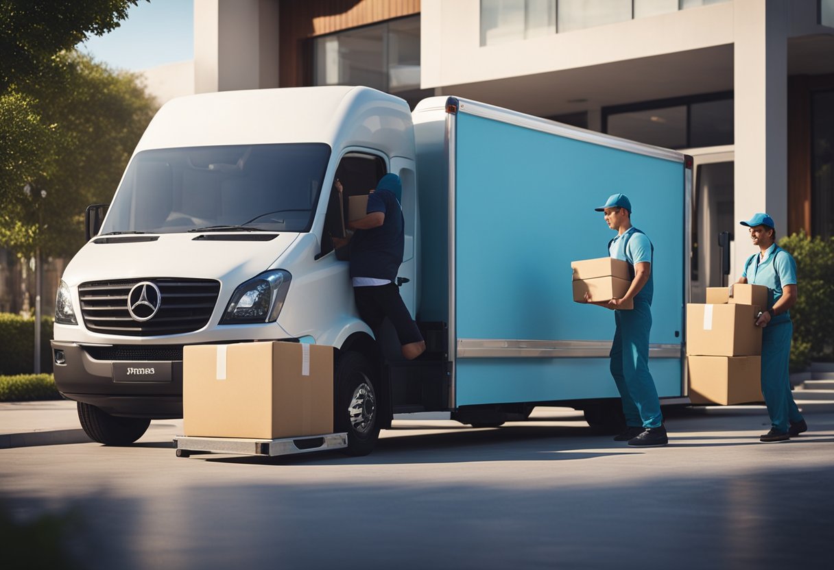 A delivery truck unloading furniture at a customer's doorstep, with a delivery person handing over the items