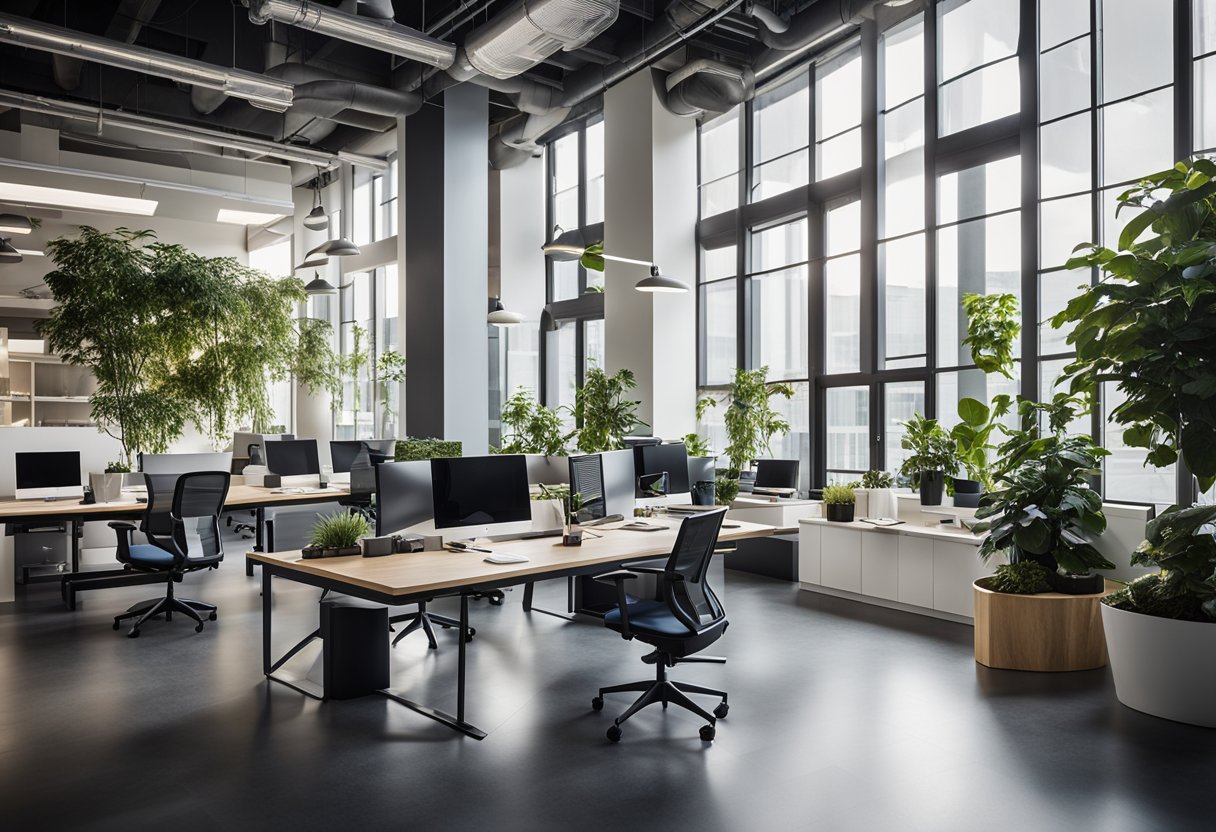 A modern real estate office with open workspaces, collaborative meeting areas, and ergonomic furniture. Natural light floods the space through large windows, creating a bright and inviting atmosphere